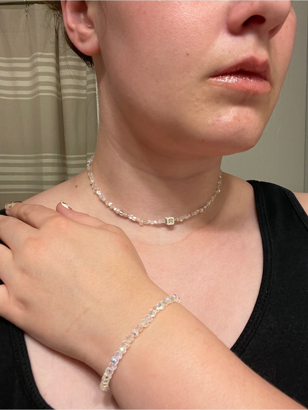 SET! Clear Glass Bead Initial Choker Necklace,  Bracelet, Earrings Set